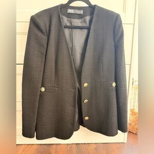 Zara Women's Textured Black Blazer with Gold Buttons